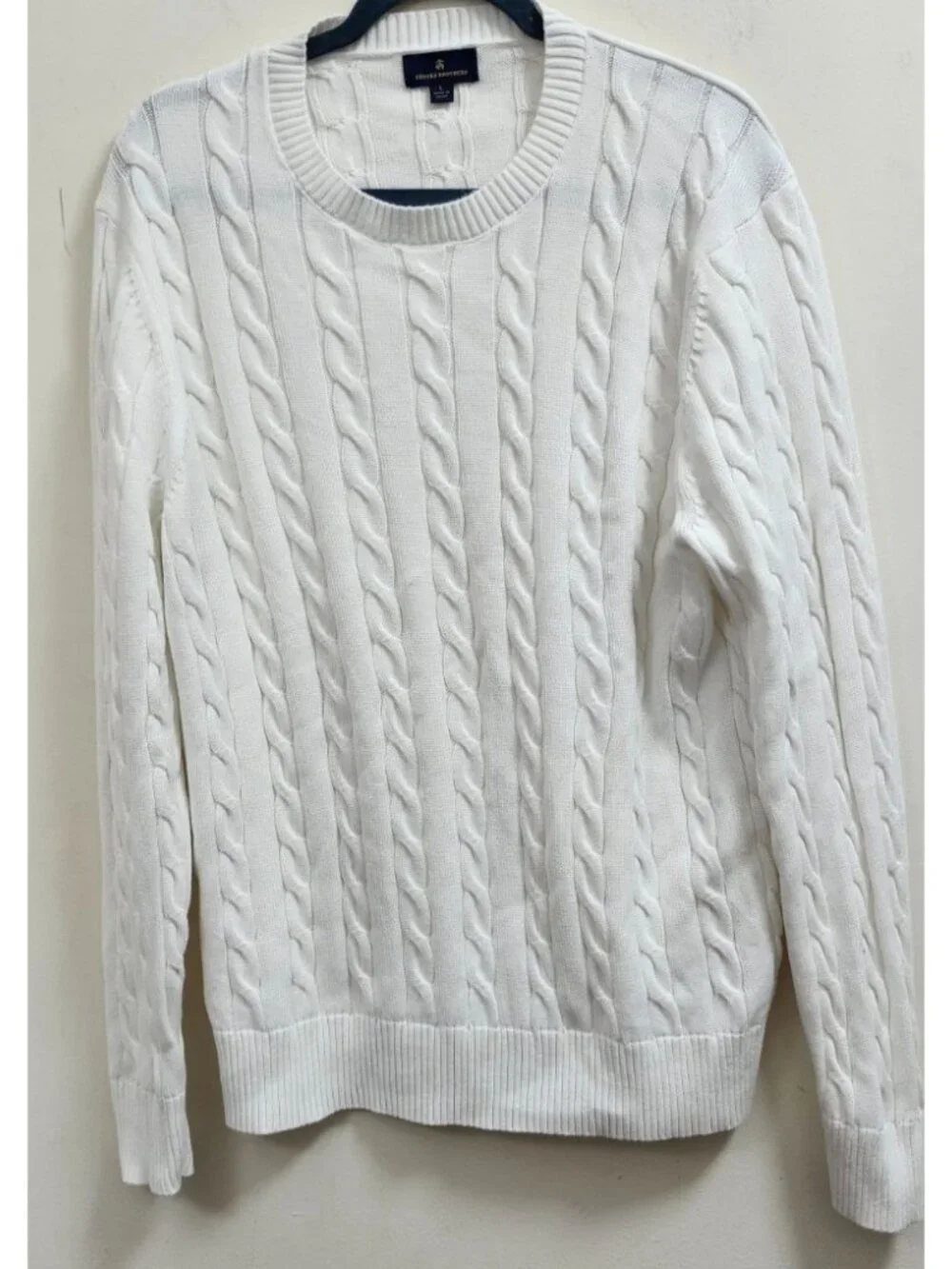 Brooks Brothers Men’s White 100% Cotton Cable Knit Crewneck Sweater Size L